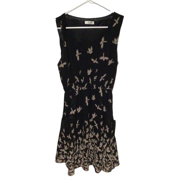 LA Soul Black Beige Bird Print Dress Women’s Size Small Fit & Flare Style - Picture 1 of 4